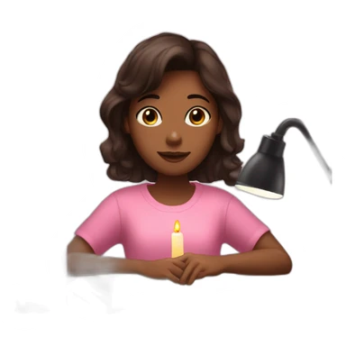 a girl with dark brown hair lights pink candles and studies at her desk sticker