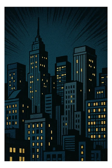 a city skyline at night, old school comic book style sticker