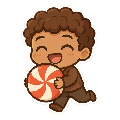 peppermint candy held by brown male chibi, curly hair, happy and expressive sticker
