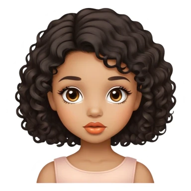 Glamourous, light brown skin tone, very beautiful toddler, with big plump peach-beige lips, long long lashes, black curly smooth short hair, straight parting hair, brown eyes sticker