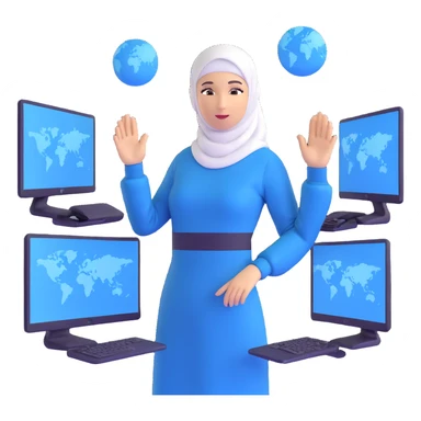 woman with white hijab in blue outfit working with multiple screens displaying digital world, virtual reality interfaces, metaverse elements, code visualization sticker