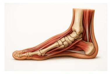 PIEDE UMANO ANATOMICO CON PIANTA PIATTA, VISTO DI PROFILO, CON FASCI MUSCOLARI E OSSA VISIBILI, REALISTICO 4K SFONDO BIANCO sticker
