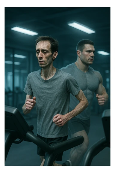 Uomo magro e affaticato che corre su tapis roulant in una palestra. I muscoli delle braccia e delle gambe appaiono ridotti e svuotati, come se stesse perdendo massa muscolare. Espressione stanca sul volto, con accanto una figura trasparente di sé stesso più muscolosa a confronto. Luci fredde e atmosfera di sovrallenamento. in italiano sticker
