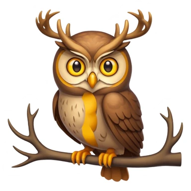 Emoji chouette perchée brun clair, yeux jaunes brillants, bec recourbé, bois de cerf imposants, sagesse et puissance. sticker