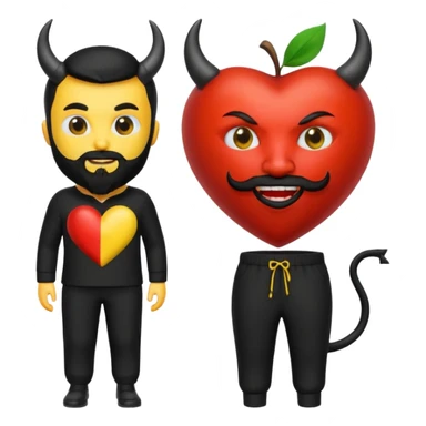3D yellow heart emoji, devil face, full black beard, black horns and tail. Top: Italian flag. Bottom: Cornish flag trousers. Apple style, glossy, white background. sticker