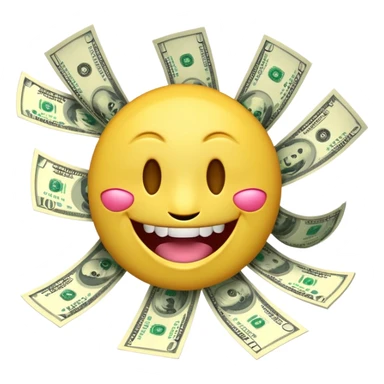 3D glossy emoji sticker, dollar-sign eyes, huge toothy grin, mouth stuffed with US dollar bills spilling out, floating banknotes, centered, solid chroma green background sticker