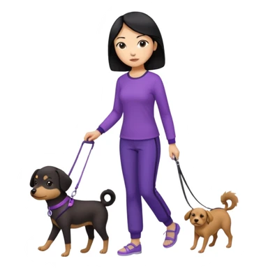 black hair Chinese woman wearing purple top and black pants walking 1 small brown dog sticker