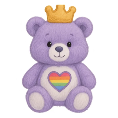 Add a soft and plush crown to the purple and white teddy bear with a heart-shaped rainbow patch. Keep the lighting flat with no shadows and no background. Maintain the plush texture and softness of the teddy bear in a style that respects the original look. sticker