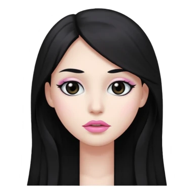 long hair black normal hair with black eyes, and white skin, white pinkish lip  sticker