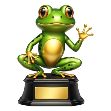 gold trophy in shape of frog. Trophy has a base sticker