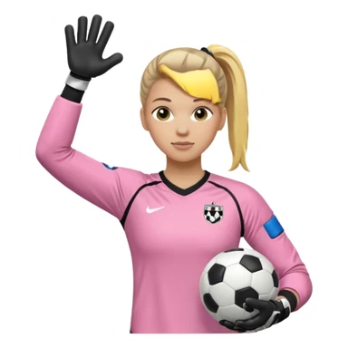 Make a dirty blonde football goalkeeper with goalkeeper gloves on. light skinned and wearing a light pink football kit. Wearing one ponytail on back of head. Make it without the whole body. With full sleeves. No RUGBY BALL JUST BLACK AND WHITE BALL. Holding ball under armpit. Other hand hanging down sticker