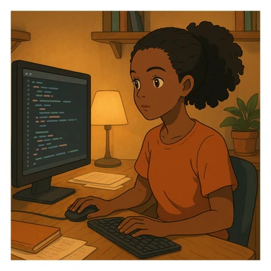 ghibli style black woman coding at a desk with warm lighting sticker