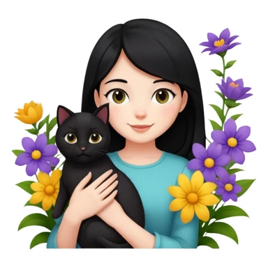 A black-haired girl happily holds a black cat in the flowers sticker