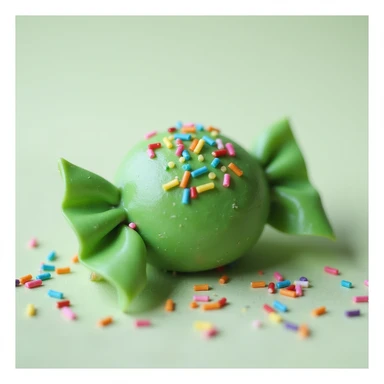 realistic green candy with rainbow sprinkles, photorealistic style sticker