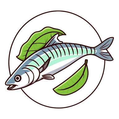 mackerel sashimi with thinly sliced silver-skinned fish, wasabi and shiso leaf sticker