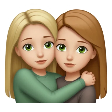 Two girls are hugging. One has dirty blonde hair with a little reddish in it. She has also grey eyes. Her hair is long and straight. The other girl has brown hair with green eyes sticker