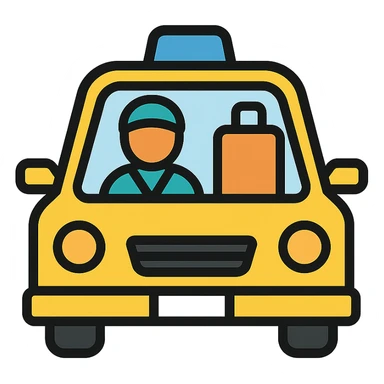 A migrant in a taxi, lineal color icon with black outlines sticker