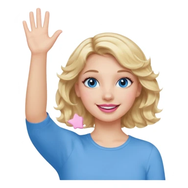 Girl Blonde short wavy hair,  blue eyes, cute blue top, long lashes, pink lips, smiling, one hand in the air sticker