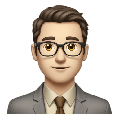 Pale skinned fit man with dark brown hair in gray jacket, beige office shirt, brown tie, brown pants and vintage glasses Writing on the flipchart sticker
