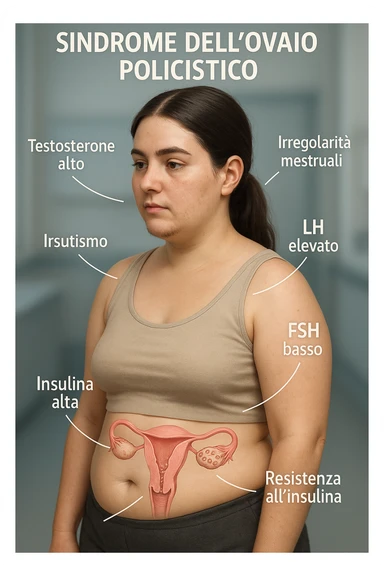 medical 3D vertical image 2:3 representing a woman with PCOS clearly showing imbalance of main hormones testosterone, LH, FSH, insulin and problems they can cause, clinical atmosphere, realistic details, captions in Italian sticker