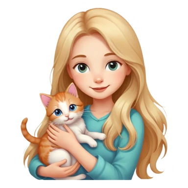 "Create a cute emoji of a beautiful girl holding a small kitten in her arms. The girl has soft features, long flowing hair, and a gentle smile. The kitten looks cozy and happy. The style should be colorful, charming, and expressive, with big sparkling eyes and a warm, loving vibe." sticker