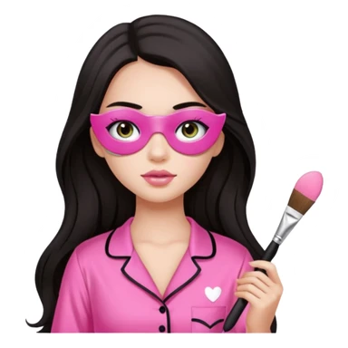 Dark long hair girl wearing pink victorias secret sleepwear is holding a makeup brush she also has eye patches white sticker