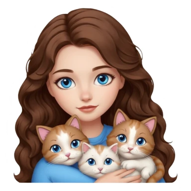 girl with long wavy brown hair, blue eyes, long lashes makeup, cuddling with 6 cute cats sticker