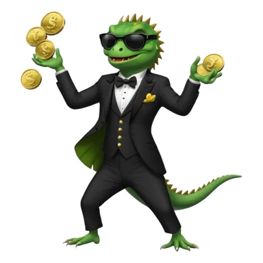 capitalist iguana banker in tuxedo and black sunglasses dancing crazy with coins sticker