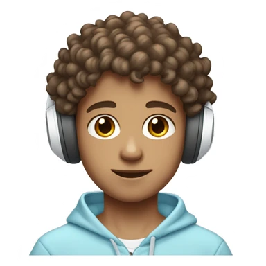 brown short curly haired brown eyed boy who is peach skinned wearing a white wireless headset and light blue hoodie sticker