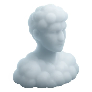 person looking straight, fully made of white fluffy convex clouds, shoulder up, matte glass style sticker