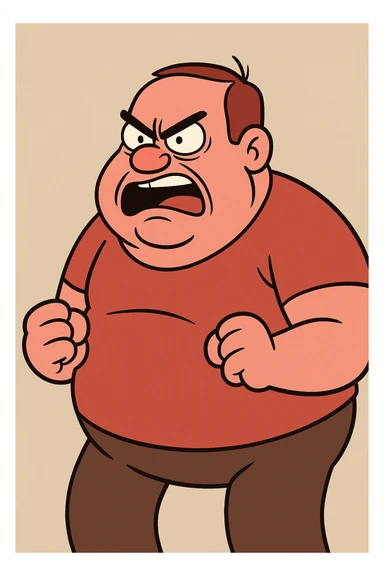 red angry fat man, cartoon style, exaggerated features, bold expression sticker