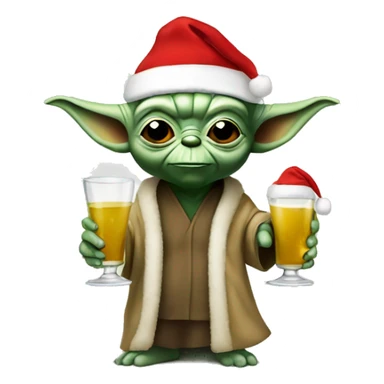 Yoda in a Christmas hat with two alcoholic drinks in hand sticker