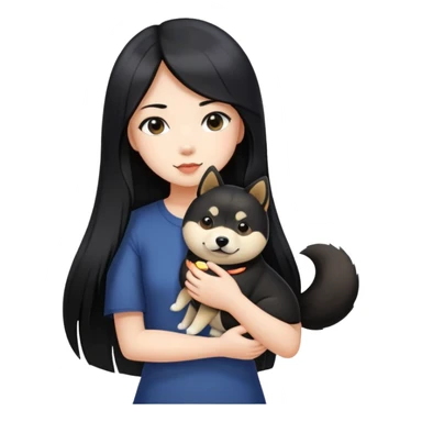 A girl with long black straight hair holding a black Shiba Inu sticker
