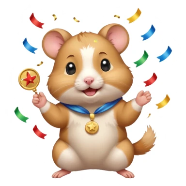 Cute cartoon-style hamster throwing confetti, holding a tiny medal, joyful expression. Painterly shading, white background, sticker-style illustration sticker