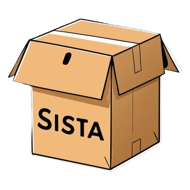 cardboard box with the word SISTA printed on it, clear and legible, cartoon sticker style sticker