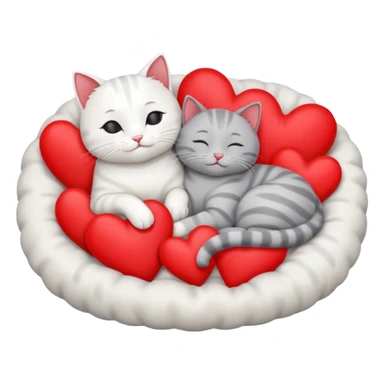 White cat and gray cat sleeping together in a bed full of hearts sticker