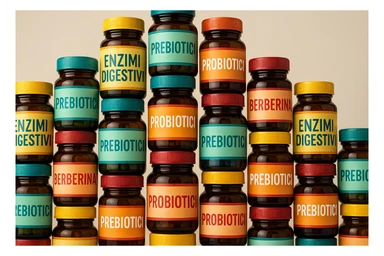 montagna di barattoli di integratori tipo "ENZIMI DIGESTIVI", "PREBIOTICI", "PROBIOTICI", "BERBERINA" con etichette in italiano sticker