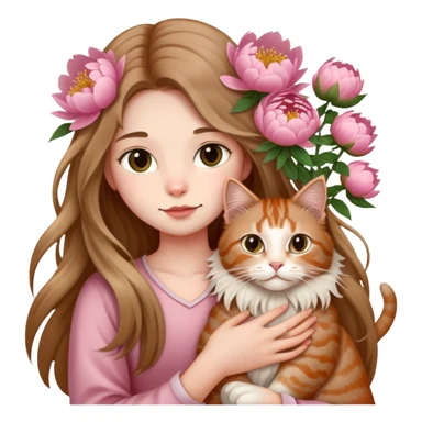 A long haired girl holding a long haired tabby in peony sticker