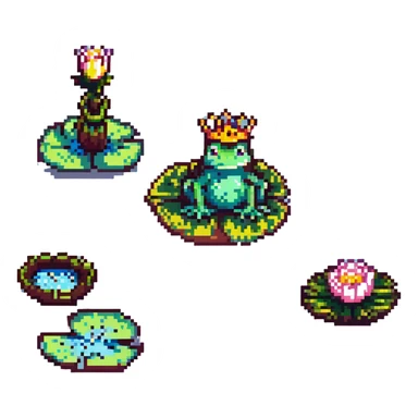 pixel art crowned frog, sitting on a lily pad sticker