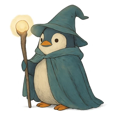 magical atmosphere penguin wizard holding a staff, wearing a wizard hat, ghibli style sticker