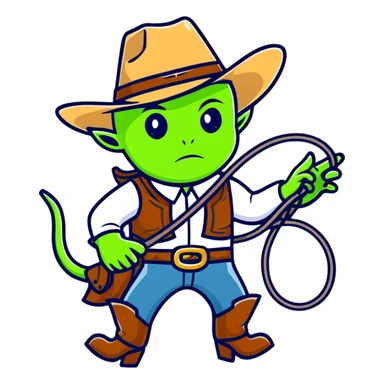Green alien cowboy with cowboy hat and lasso sticker