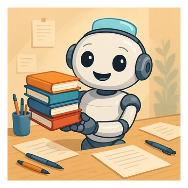 a robot with a stack of books, helpful, for a writing assistant sticker