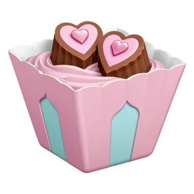 Two sharp-edged square milk chocolate pralines placed diagonally, each in a white fluted paper candy cup, with smooth glossy coating.
Flat thin pastel pink heart icing centered on top with subtle sugar crystal sparkle, clean studio lighting, pure white background, realistic minimal emoji-style. sticker