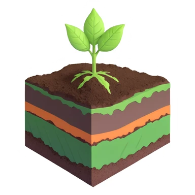 A fresh green leaf resting on the surface of a cross-section of the Earth, where soil and underground layers are visible beneath. Natural lighting, realistic textures. sticker
