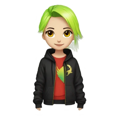 Lady with brunette and iridescent blue hair, gold, lime green dragon wings, black hoodie, bleach dyed, black and gold Nike t shirt, and bright red eyes sticker