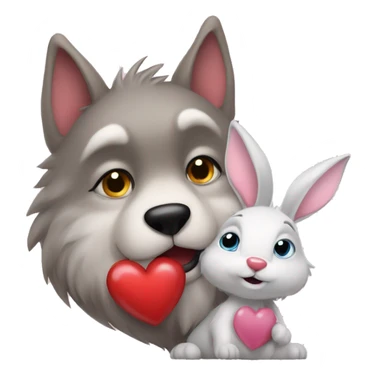 Old big Wolf kisses a white little Bunny who has pink ears, with big red heart between them sticker