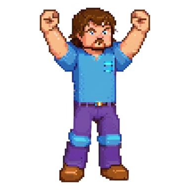 Jack Black as Minecraft Steve in mining pose with arm raised, blocky character with brown hair, blue shirt, and purple pants sticker