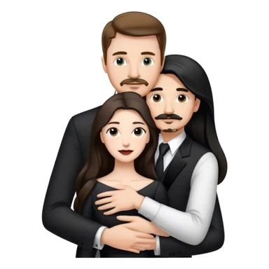 tall white man with brown hair goatee mustache hugging a pale woman with long black hair, wearing black and white formal clothing sticker