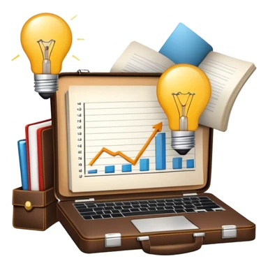 Icon for Business Reading: a prominent book at the forefront, with a briefcase, laptop, and notepad around it, along with a bar graph and lightbulb symbolizing ideas and growth. The icon should represent the knowledge and strategy of business literature. Transparent background. sticker