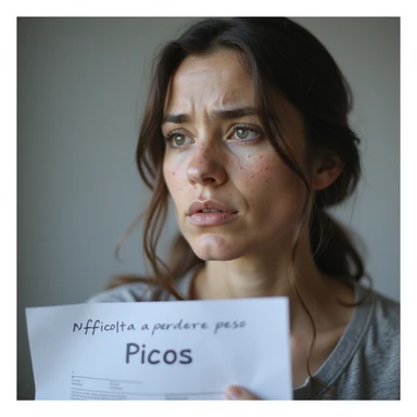 hyperrealistic 4K detailed image of a woman with PCOS, face with acne and chin hair, thin hair, frustrated expression, medical report with the words 'Difficoltà a perdere peso' and 'PCOS' clearly visible, clinical environment sticker